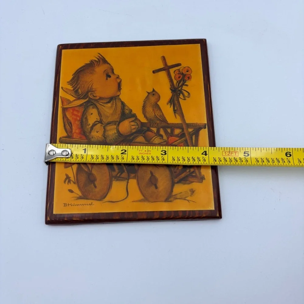 Vintage B Hummel Child with Bird Cart Wall Plaque Art‎ Wood Framed 1975